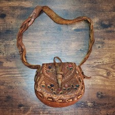 1970s Vintage Hand Tooled Leather Saddle Bag Boho Floral Painted Design