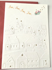 Vintage Christmas Card Hallmark Santa and Sleigh Over Embossed Houses Snowman