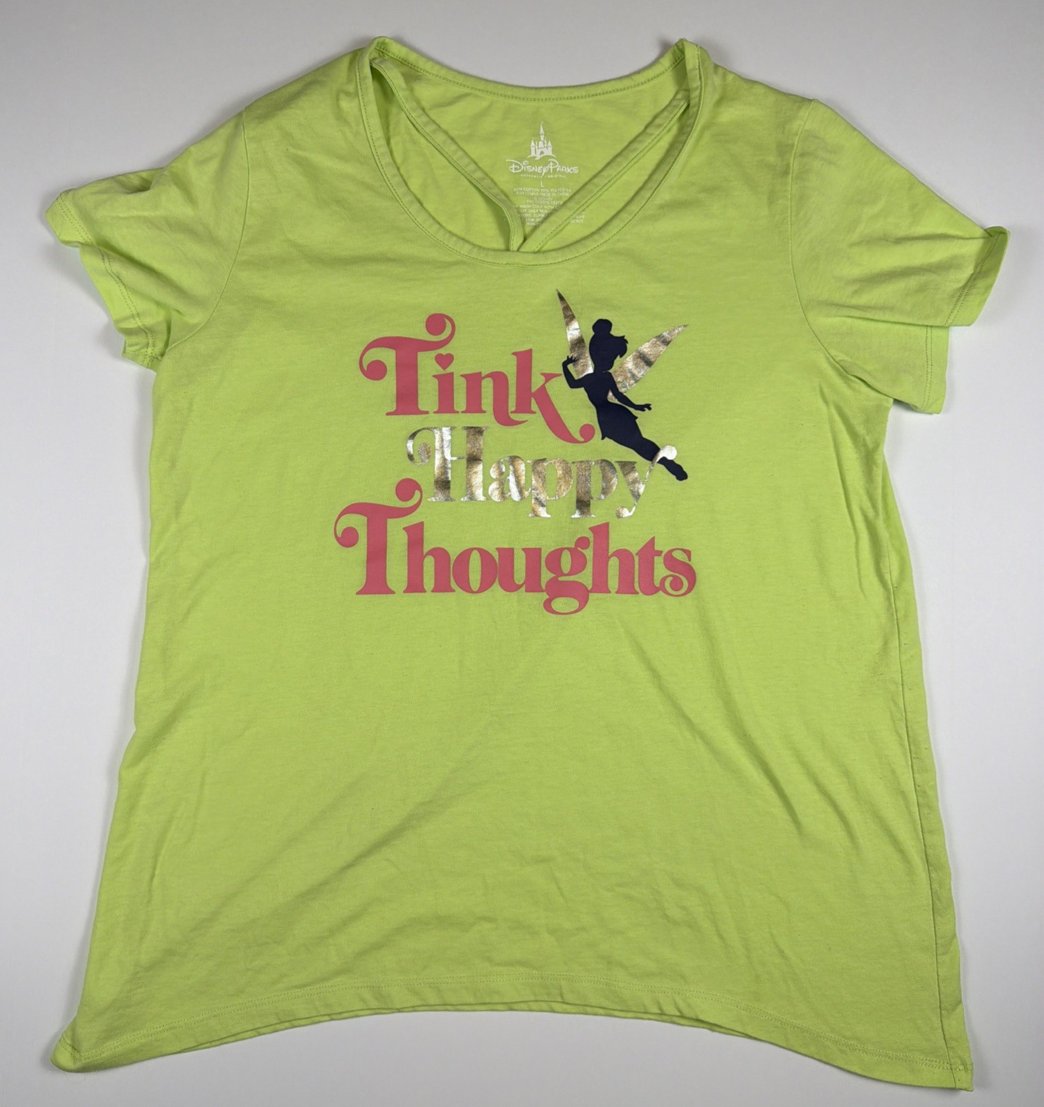 Disney Parks  Tinker Bell Green Scoop Neck T-Shirt – "Tink Happy Thoughts" Large