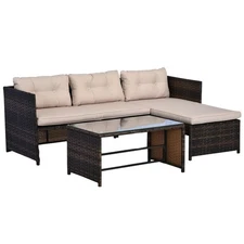 Outsunny 3 Piece Patio Furniture Set, Rattan Outdoor Sofa Set with Chaise Lounge
