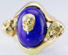 Antique Memento Mori Lapis Lazuli & Triple Skull 18k Gold Plate Silver Ring