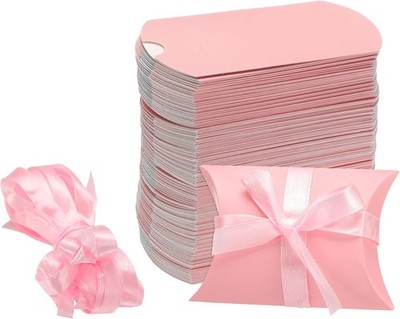 uxcell 100Pcs Pillow Boxes 3.5 x 2.8 x 1 Inch Gift with Ribbons, Pink 