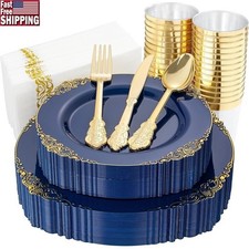 175PCS Navy Gold Plastic Plates Set Elegant Tableware Wedding Party Supplies New