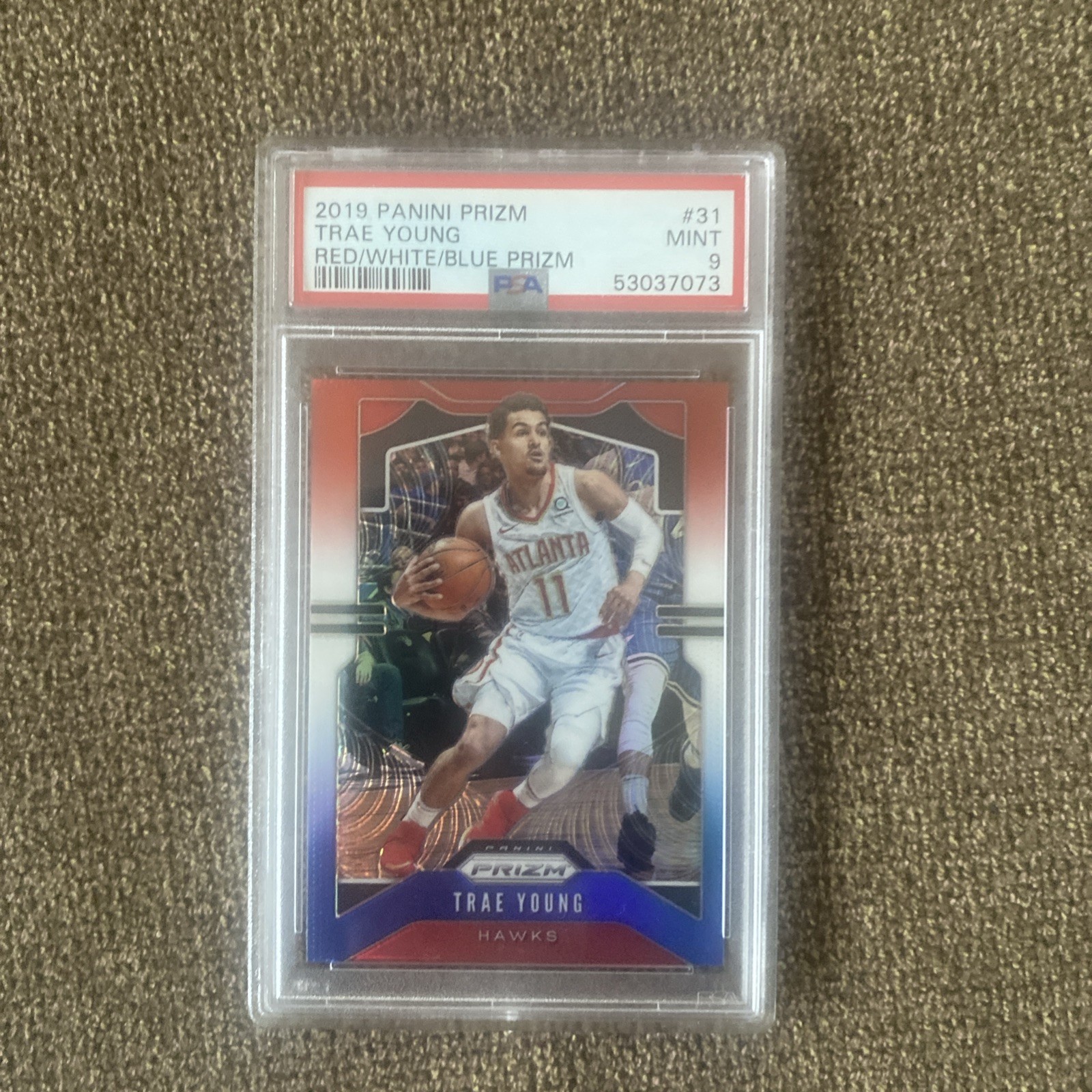 2019 PANINI PRIZM TRAE YOUNG #31 RED/WHITE/BLUE PSA 9 MINT
