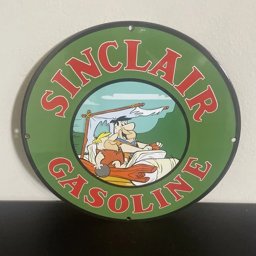 VINTAGE SINCLAIR FLINT STONES MOTOR GASOLINE OIL PORCELAIN SIGN