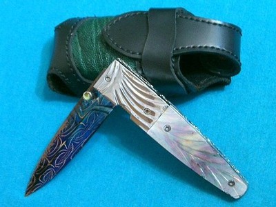 KNIFE CUSTOM ART DAMASCUS BLACK PEARL LOCKBACK FOLDING DAGGER STILETTO KNIVES EC