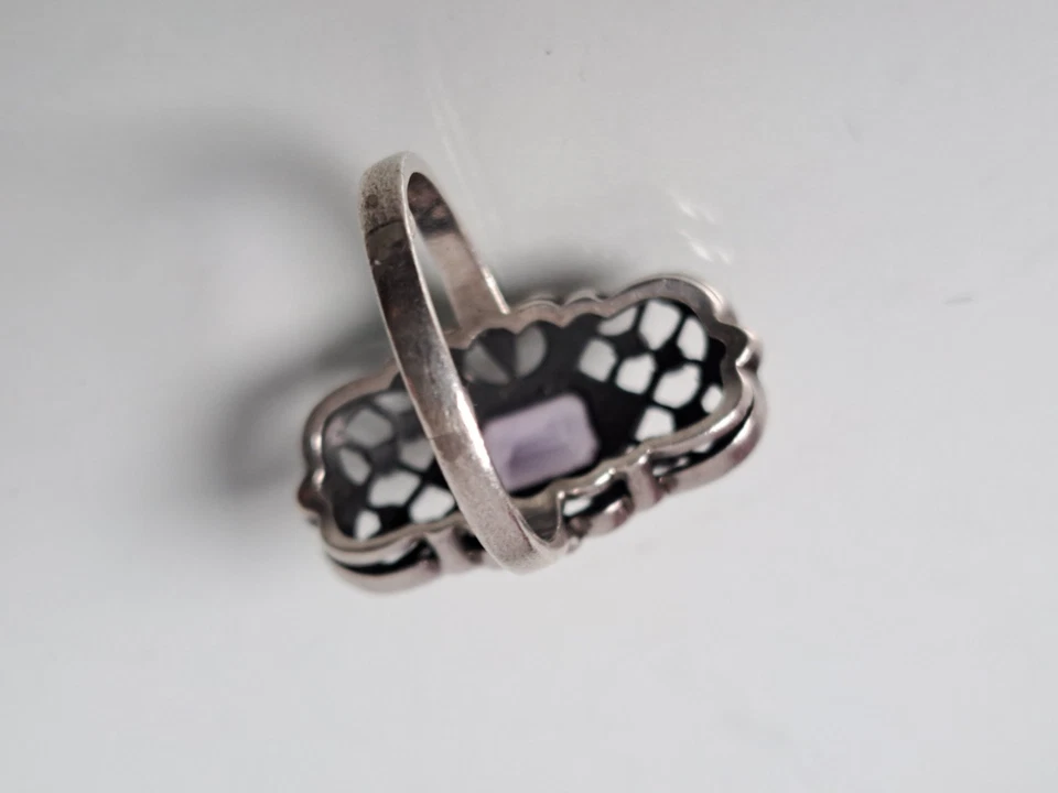 Anello In Argento Molto Bello, Argento 925 Con Ametiste E Marcasite - Immagine 3 di 4