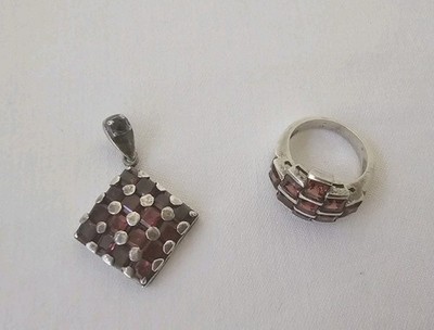 Garnet Pendant + Ring 925 Genuine Sterling Silver Lot Vintage Jewelry 