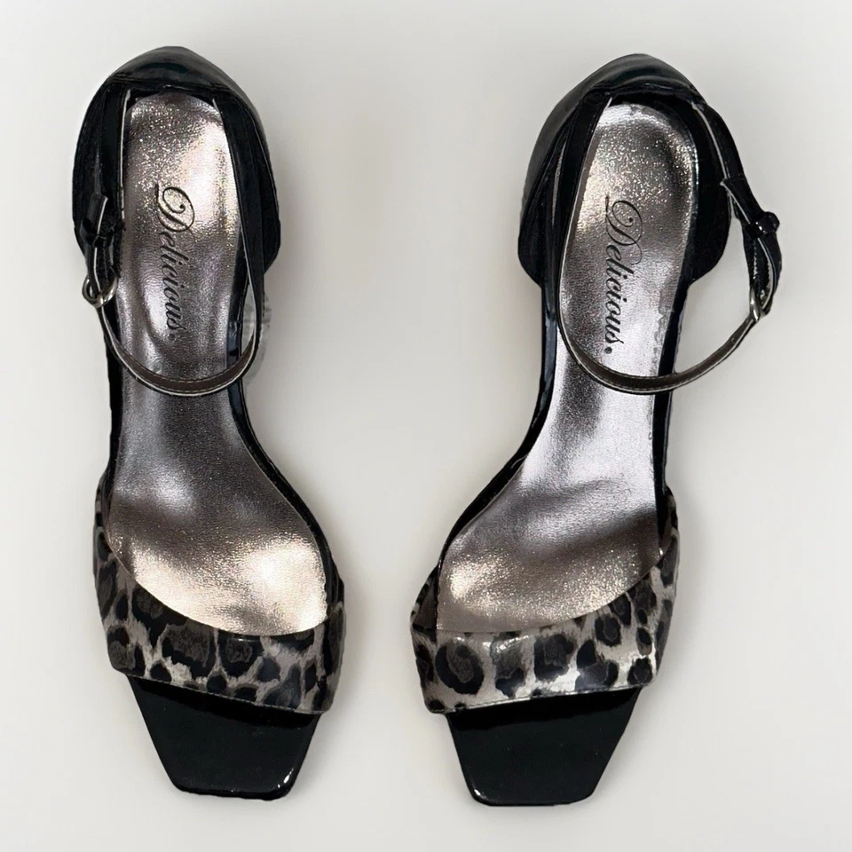 Tacones de aguja Delicious Peep Toe talla 7,5 para mujer con estampado de guepardo animal Foto 2 de 4