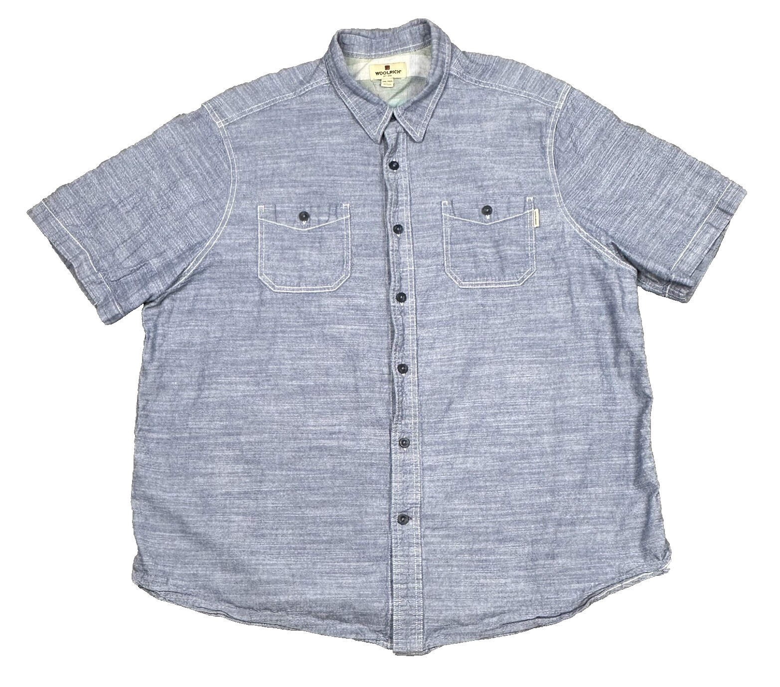 Woolrich Shirt Mens XXL Blue Cotton Denim Chambray Button Up Short Sleeve Casual