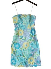 Lilly Pulitzer King Crab Floral Blue White Strapless Sun Dress Womens Size 8