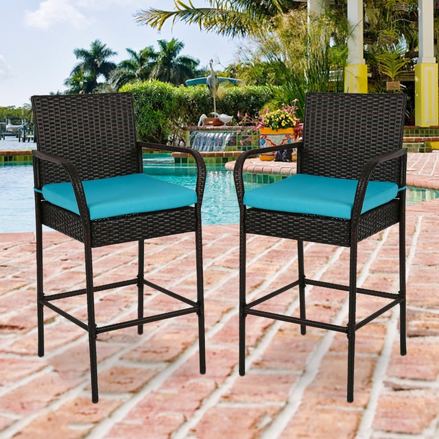 Rattan Wicker 2 Pcs Bar Dining High Counter Chair Patio Furniture W Cushion Blue For Sale Online Ebay