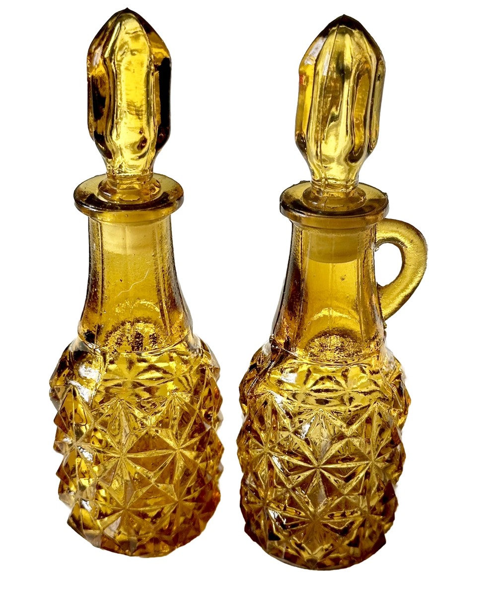 Vtg Amber Diamond Cut Glass Cruet Set Oil & Vinegar Decanters w