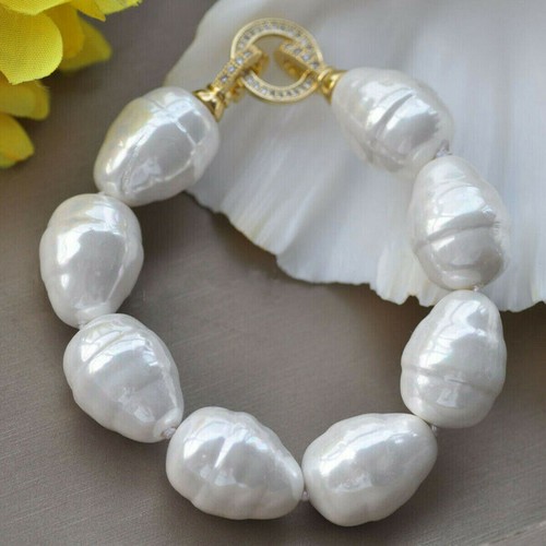 LARGE 20MM SOUTH SEA WHITE BAROQUE SHELL PEARL BEADS FASHION BRACELET 7.5'' - Picture 2 of 12