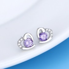 Love Heart Stud Earrings for Women,925 Silver Post,Purple Crystal Heart Earrings
