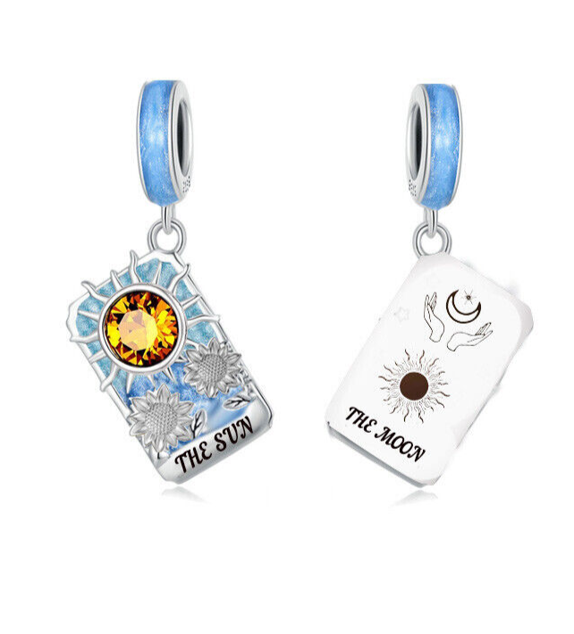 Genuine 925 Sterling Silver Tarot Sun Moon Flower Love Dangle Charm