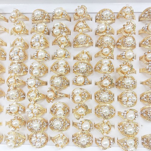 Wholesale Lots 24pcs Womens Jewelry Pearl Ring Clear Rhinestone Rings ...