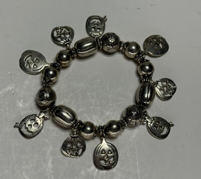 VTG Silver Tone Halloween Pumpkin Jack O Lantern Charm Dangle Stretch ...