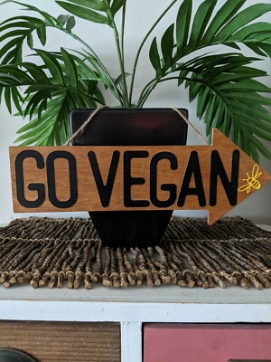 GO VEGAN Arrow WOODEN SIGN Handmade Bumblebee **Affordable Gift Idea** Decor