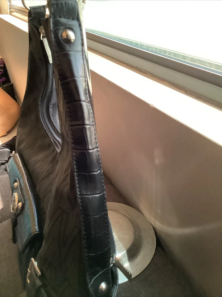 Bolso de Hombro Valentino Negro Lona Mediano Plata Acentos Herrajes, Foto 4 de 4