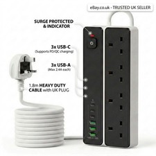 EXTENSION LEAD WITH USB 4 GANG POWER STRIP SAFETY SWITCH SURGE PROTECTOR 1.8m