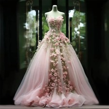 Pink Flowers Strapless Wedding Dresses Ball Gowns Floor Length Chapel Train