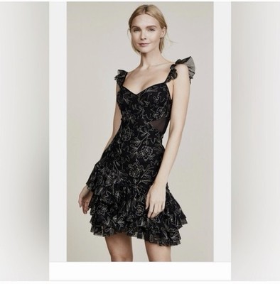 Cinq À Sept Enid Metallic Ruffled Embroidered Tulle Mini Black Pewter Dress 8