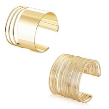 2 Pcs Cuff Bangle Bracelets for Women Open Wide Wire Bracelets Gold Wrist Cuff W