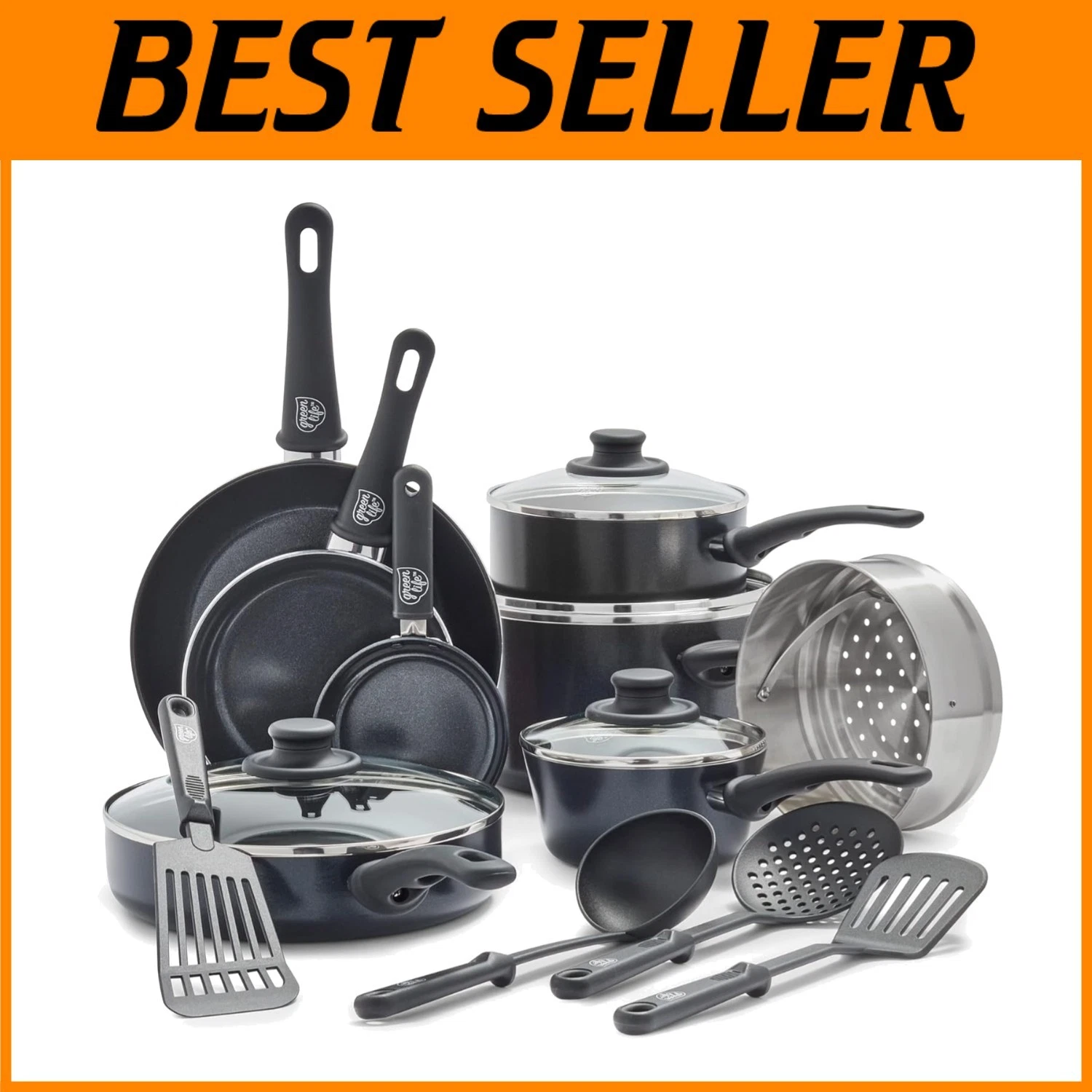 Toxin-Free Ceramic Nonstick Cookware Set, Soft Grip Handles Free USA Shipping