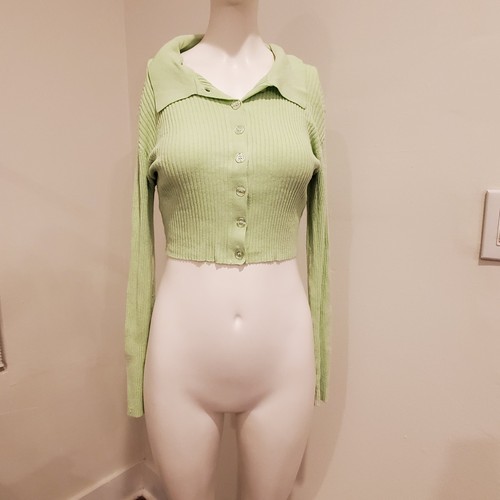Tiger Mist Womens Medium Sage Green Ribbed Knit Cropped Cardigan Top Long Sleeve