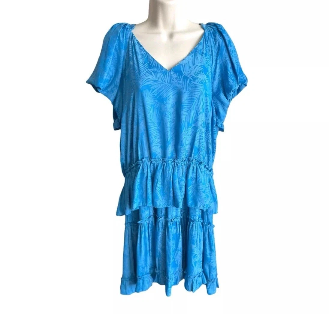 PALM ANGELS Current Air Los Angeles mini abito plissettato con fronde blu palma e volant taglia media