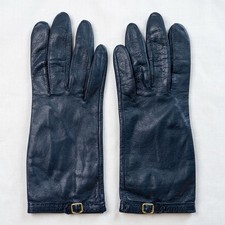 Lord  Taylor Vtg Navy Blue Leather Gloves Gold Buckle Antron Nylon Lined Sz 7.5