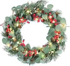 Eucalyptus Wreath for Front Door,20" Red Berries Christmas Wreath with Pine Cone