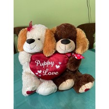 Unbranded Puppy Love Stuffed Animal Brown Cream Dogs Red Heart Valentine Plush