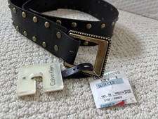 NWT WOMEN'S CALVIN KLEIN BLACK LEATHER GOLD STUDDED BELT BRASS BUCKLE LOEHMANN'S