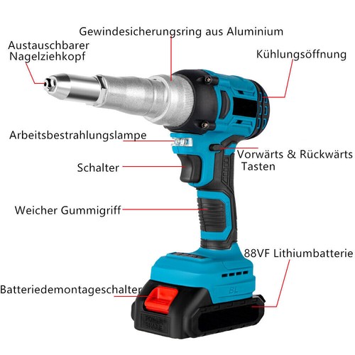 Akku Nietpistole 20000N Elektrisch Blindnietgerät Popnietenzange mit LED Licht - Bild 13 von 22