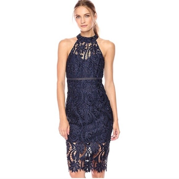 NWT BARDOT LACE HALTER SHEATH DRESS SIZE 6 sexy fitted NAVY cocktail / party