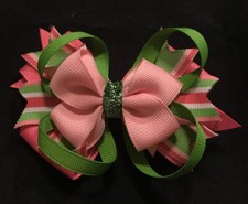 Pink and green Sparkle layered 4  hair bow clip