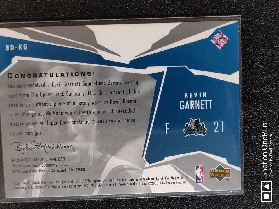 KEVIN GARNETT 2003 UD BLACK DIAMOND SINGLE DIAMOND GAME USED JERSEY  - Image 2 of 2