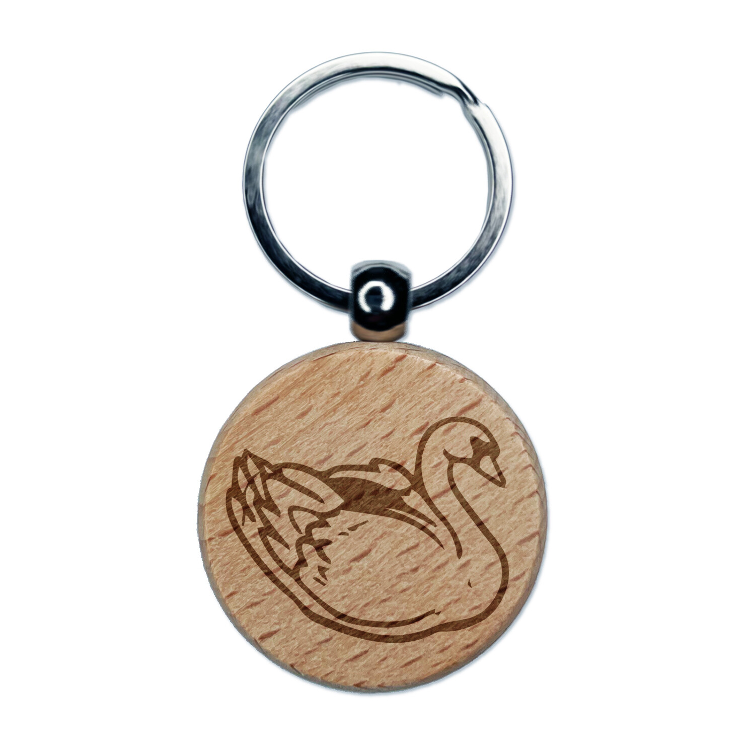 Elegant Swan Bird Engraved Wood Round Keychain Tag Charm