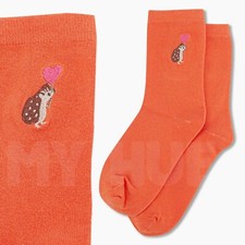 Womens HEDGEHOG Embroidered Socks Gift Ladies Socks UK 3-7 New Ladies Orange