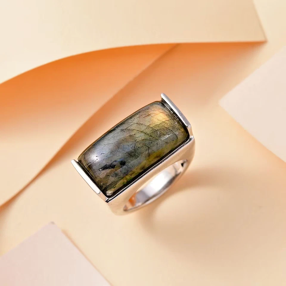 Anillo solitario labradorita malgache - enlace platino en acero inoxidable talla 5 NUEVO Foto 2 de 4