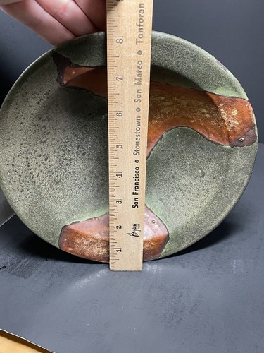 Art Pottery Glazed Ceramic Bowl Green Rust 8 Inch Diameter Rustic Vintage Gift - Picture 5 of 7