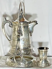 ANTIQUE SILVER PLATED TILTING WATER PITCHER W/STAND CUP LEMONADE CHASED ROGERS
