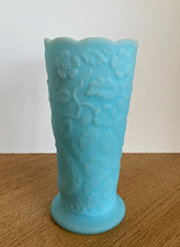 Vtg Fenton Blue Satin Glass Peacock Garden 8
