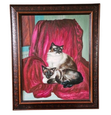 Vintage Ölgemälde Siamkatzen gerahmt Mid Century Viktorianischer Stil Portrait