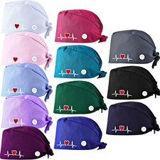 12 Pieces Bouffant Nursing Scrub Surgical Cap Adjustable Button Hats Sweatban...