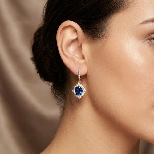 24K Gold 25 Sterling Silver Earrings Radiant Royal Blue Sapphire Oval 7.85Ct