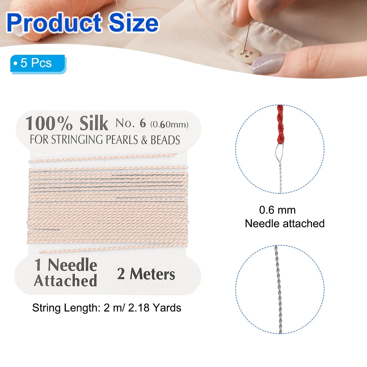 Silk Cord Thread, 5 Pcs Pure Silk Beading Thread Cord Size 0.6 mm, Pink