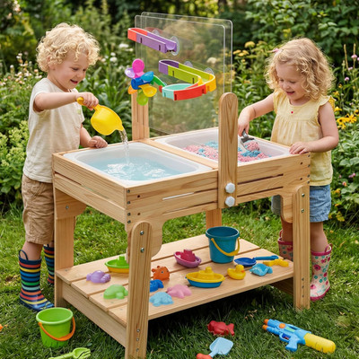 Water Table for Toddlers, Adjustable Height Wooden Sand and Water Table with 2 C